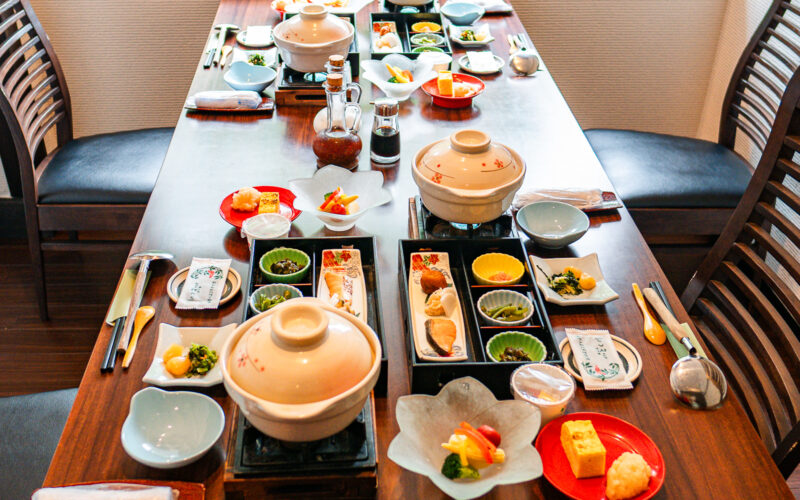 Japanese breakfast table spread.