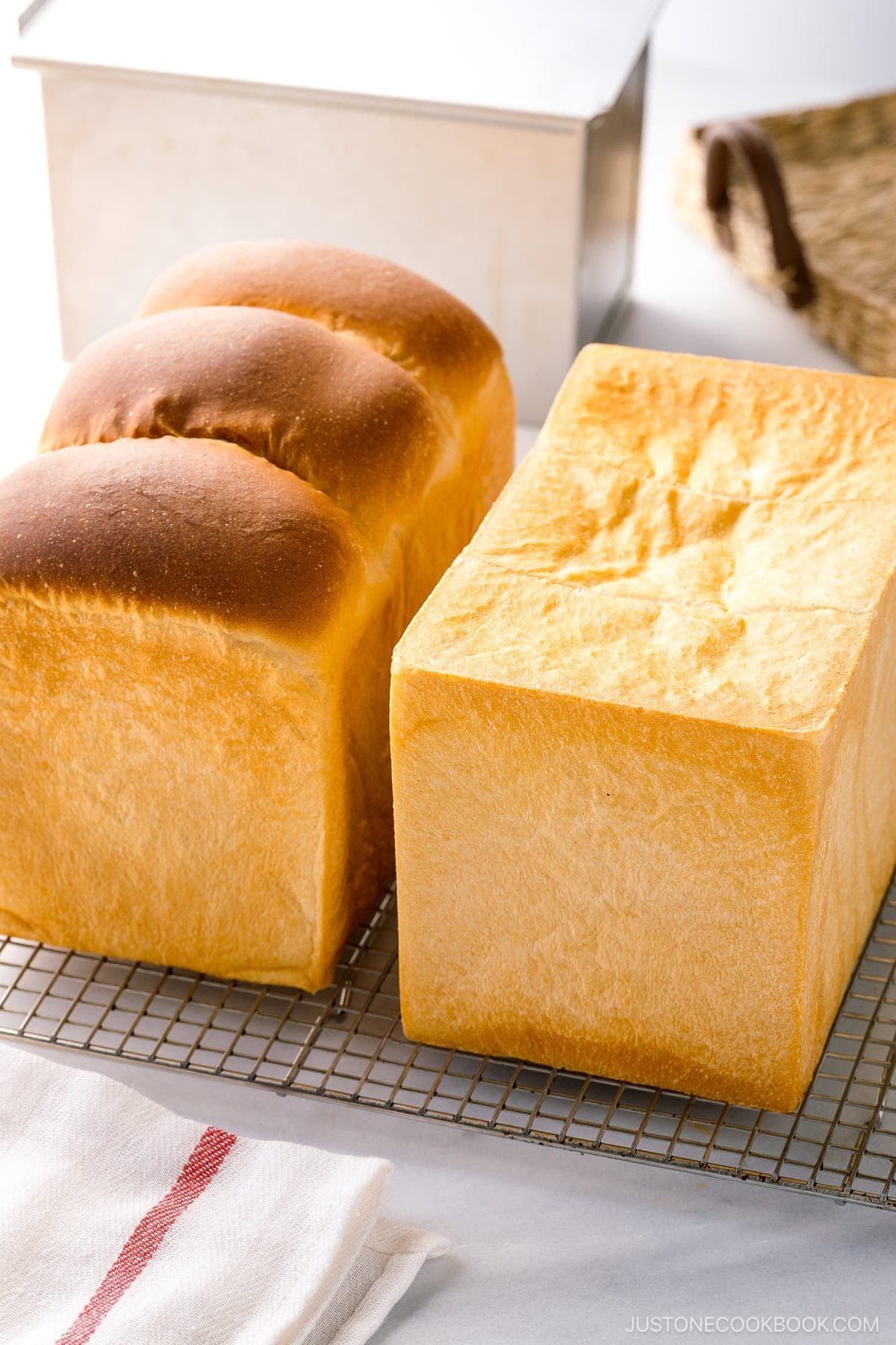 Two loaves of Japanese milk bread (shokupan), one with round topped and the other with flat topped, placed on a wire rack.